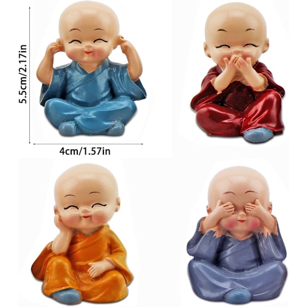 4 söta Kung Fu munkstatyer Miniatyr Buddha figur Vis figur Baby Little Monk Skulptur Samlarföremål Hantverk Konst Zen Prydnader Dekoration Present