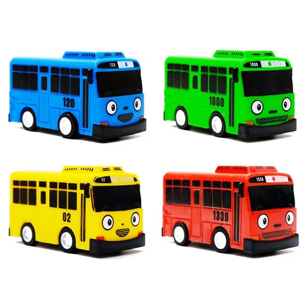4 stk. Mini Plastbusser med Træk-tilbage - Blå, Rød, Gul, Grøn - Bus Bilmodel til Børnegaver_tfrf