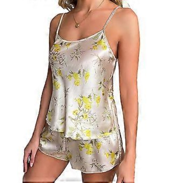 2-delt Satin Pyjamas til Kvinder, Sexet Sling-Top og Shorts med Elastisk Talje, Blomstermønster, Natøj (M gul)
