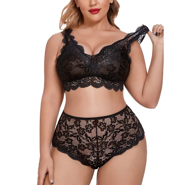 Dame Plus Size Sexy BH & Truser Nattøy Pyjamas Undertøy Sett Svart 2XL 2XL black