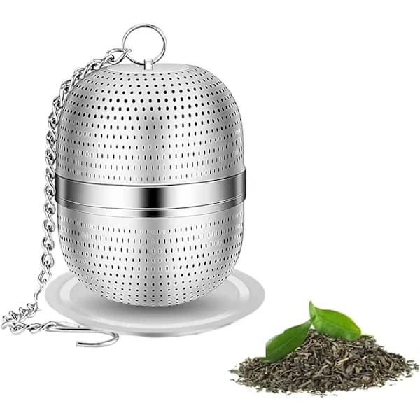 Teinfuser, Teinfuser i rustfrit stål, Tesigte og urtesigte, Te-kuglesigte, Te-kuglesigte med drypbakke_tfrf