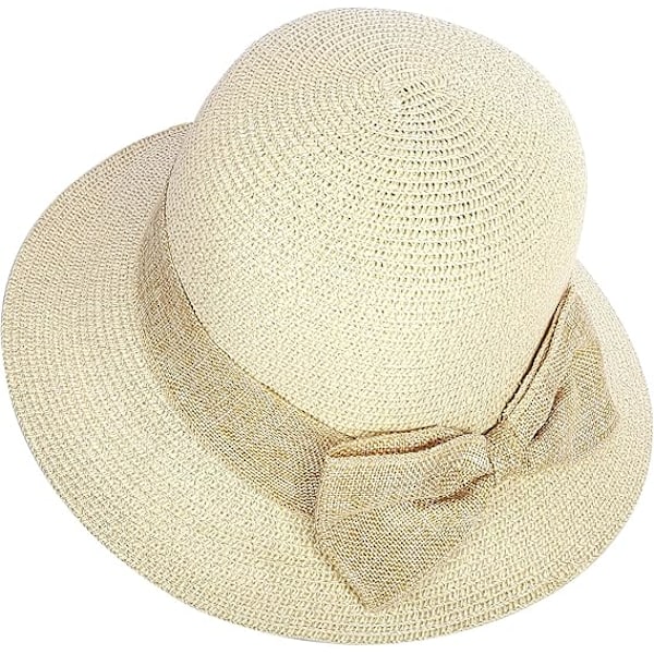 Justerbar sommarhatt för damer, hopfällbar med lockig rosett, passar alla tillfällen, solhatt, solskydd (beige)