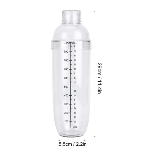 CDQ Cocktailshaker muovista, Shaker Cup Clear Drink Shaker -pullo Ice Tea Shaker Irrotettava, 1000 ml 1000ml