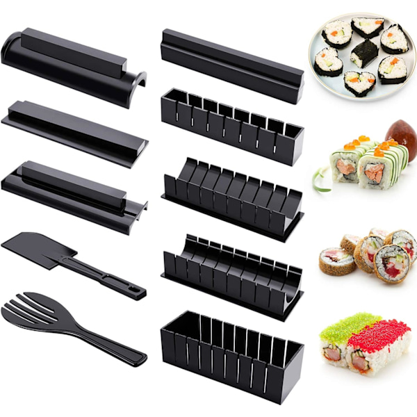 Sushi-sæt til begyndere 10 dele Plast Sushi Maker Værktøj Komplet med 8 Sushi Ris Rulleforme Former Gaffel Spatel DIY Hjem Sushi Værktøj