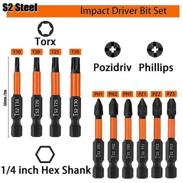 10 stk Slagskrutrekkerbits 50mm Pozi Phillips Torx Borbits Verktøy 1/4