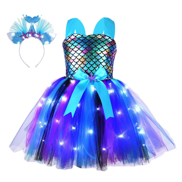 Girls Mermaid Tutu Kjole til fest LED Light Up med pannband Sort XL