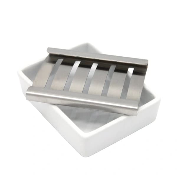 Ceramic Stainless Steel Soap Dish, Soap Holder for Bathroom and Shower, Double Layer Draining Soap Box