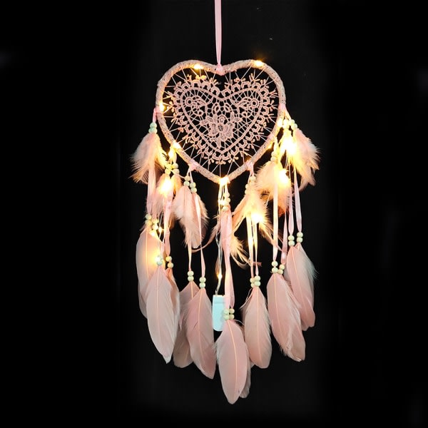 Heart Dream Catcher Boho Style Handgjord Led Ljus Vägghängande Romantisk dekoration (Maiden rosa) CDQ