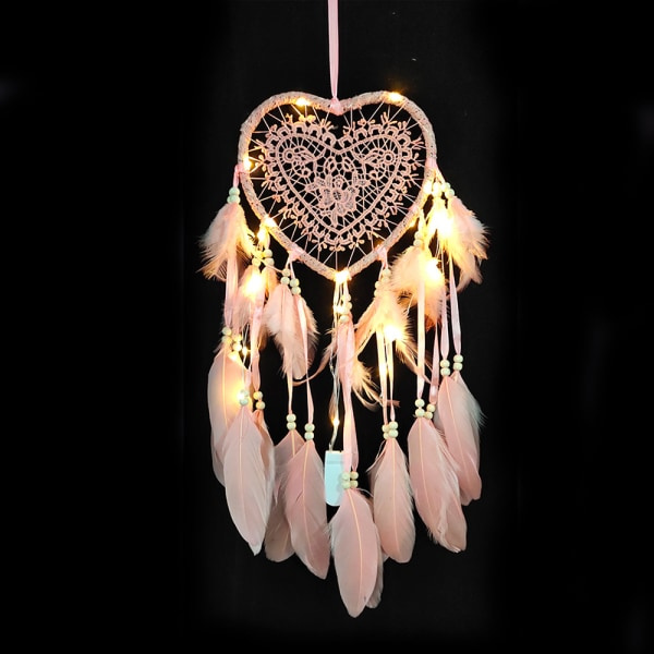 Hjerte Drømmefanger Boho Stil Håndlavet LED Lys Vægophæng Romantisk Dekoration (Jomfru Rosa) CDQ