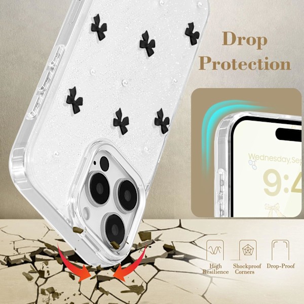 Kuori iPhone 16 Pro Max -puhelimelle, Bling Glitter 3D Rusetti Puhelinkotelo Söpö Kimalteleva Kristallinkirkas Rusetti Ohut Pehmeä Kestävä Suojakuori Musta Black 16 Pro Max
