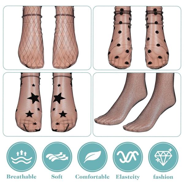 4 par ankelstrømper til kvinder, tynde slouchy strømper, transparente blondestrømper, sorte, transparente strømper medium til kvinder og pigerk®