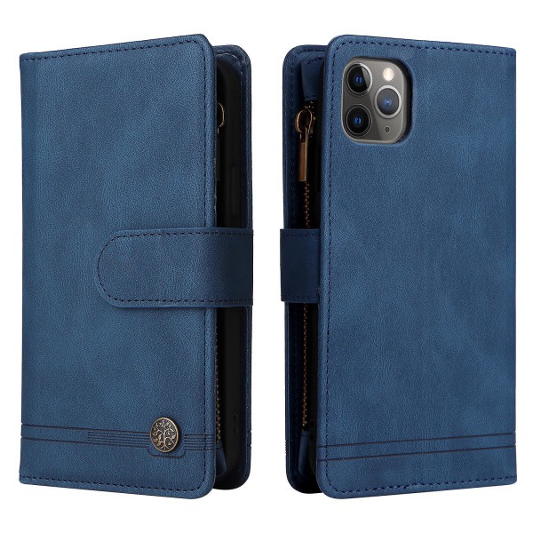 Taske til Iphone 11 Pro Læder Flip Folio Taske Med Kreditkortsholder Pengarficka Magnetisk knapper Taske Kickstand Shockproof Protec Blue A