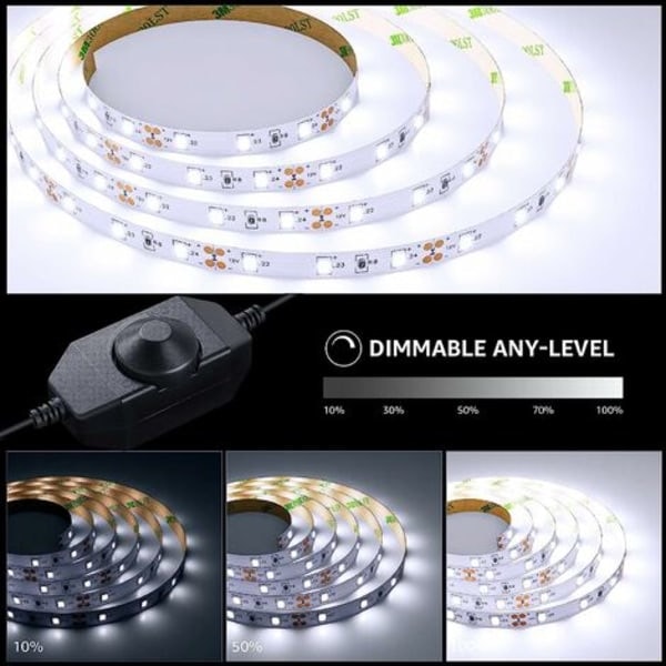 5M LED 1200Lm Kallvit Dimbar, 12V 6000K 300Leds 2835, Självhäftande LED-remsa med dimmer, kontaktdon+transformator, Inomhusbelysning för möbler, trappor, sovrum, kök