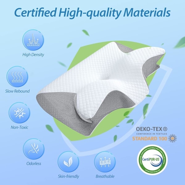 Viscoelastic Neck Pillow, Ergonomic 2-in-1 Orthopedic Pillow for Neck Pain Relief, Contoured Support Pillow, 1 Piece Light Grey (With Eye Mask)