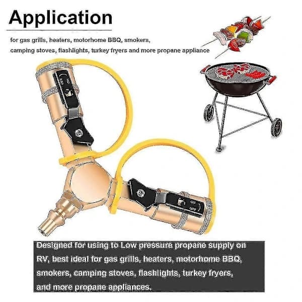 1/4 tomme RV Propan Quick Connect Y-splitteradapter, Messing 2-vejs LP Gas med Afspærringsventiler til Grillvarmer Camping, Guld