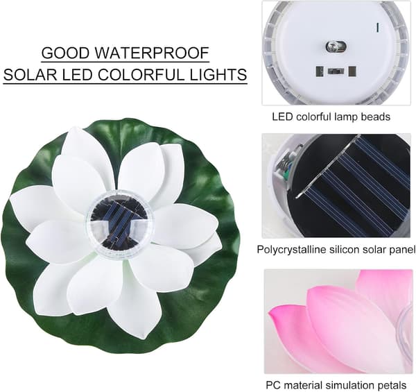 Solcellelamper til dam Rosa flydende solcellelamper til dam, flydende lotusblomst solcellelamper til pool Havedam Solcellelilje blomsterlamper Lotus Light (White)