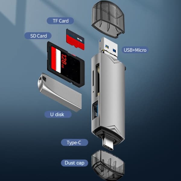 CDQ 6 i 1 USB 3.0-kortleser SD TF-kort USB-minne Grå