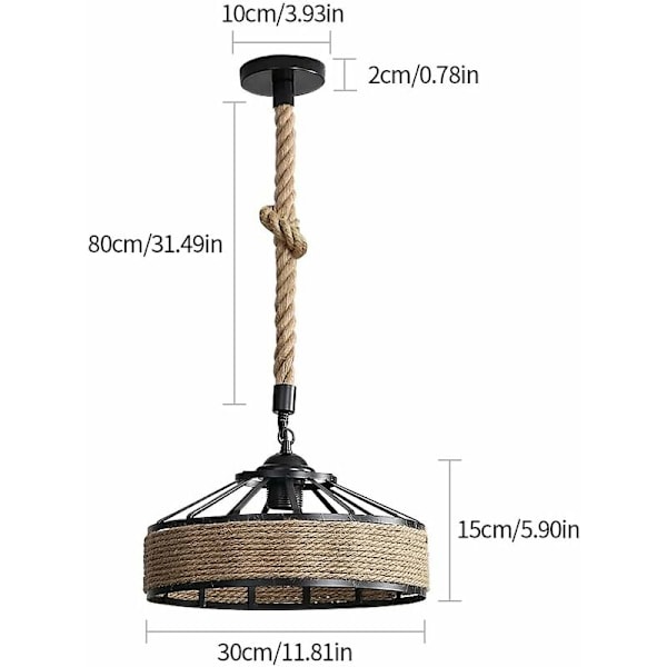 Hamprep Lysekrone, Retro Svart Metall Pendellampe, Landlig Hengende Lysekrone, Industriell Pendellampe E27 Lampe (Eksklusive lyskilde)