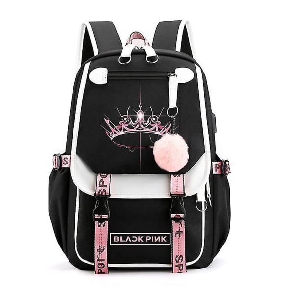Svartrosa ryggsäck Laptop Väska Skolväska Bookbag Med Usb Laddningshörlursport stil 2