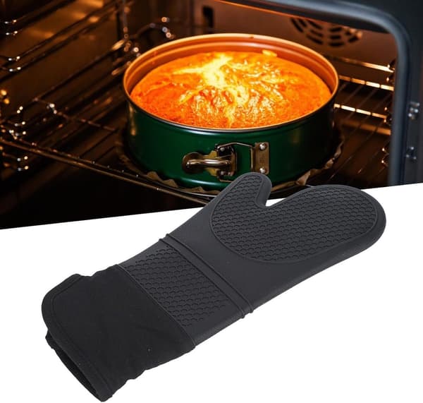 Värmebeständiga ugnsvantar i silikon, vattentäta och halkfria med bomullsfoder, för matlagning, bakning och grillning, svarta, 2-pack