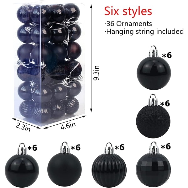 Julkula splittringssäker julgransdekorationsboll jul 1,6\" (4cm) 36-delad set （ svart julkula juldekorationer