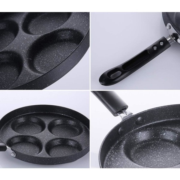 Pandekagepande, 24 cm pandekagepande med 4 huller, rund stegepande med non-stick, morgenmadspande (sort)