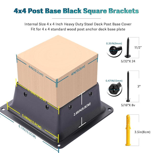 [QD] 2 st Stolpfäste för Staket, Svart Pulverlackerad Däckstolpsbas, Passar 4\"x4\" Standard Trästolpe, Fäste för Däck, Veranda, Ledstång, Räcke, Stöd
