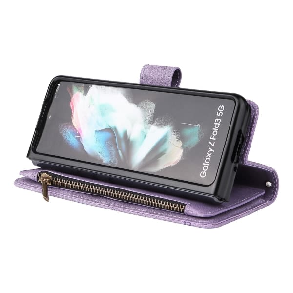 Fodral för Samsung Galaxy Z Fold 3 5g Läder Flip Case Med Kreditkortshållare Pengarficka Magnetiska knappar Case Kickstand Shoc Lila A