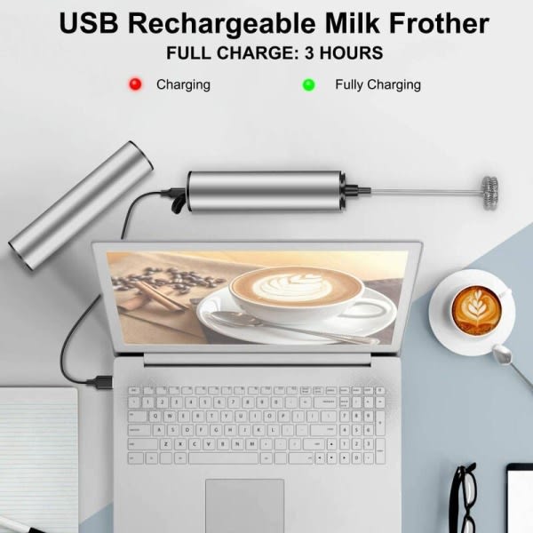 CDQ Elektrisk mælkeskummare, USB-opladningsbar mælkeskummare og minivisp med dobbeltvisp, rostfri stålvisp for kaffegrädde