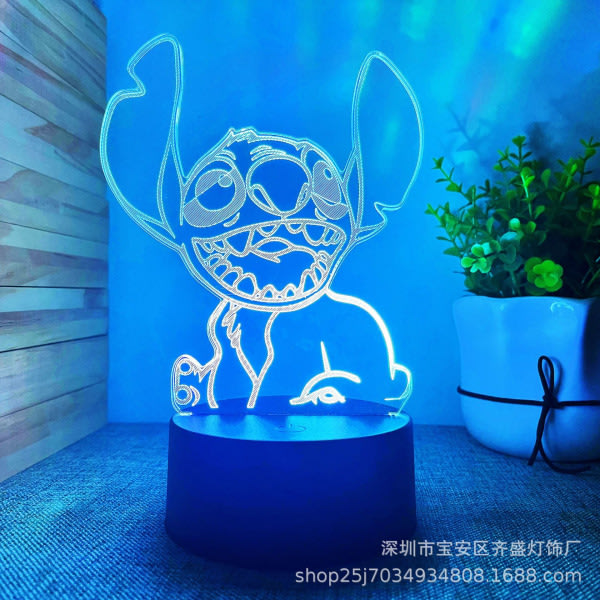 Cartoon Kawaii Stitch Lilo och Stitch Anime Figur 3D Optisk Illusion LED Sovrumsdekor Sovbordslampa med fjärrkontroll 7 färger