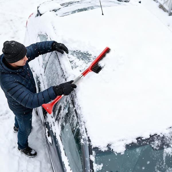 Ice scraper/snow brush with long handle - 62 cm - Red plastic - Detachable - With ice spade & window scraper - Winter accessory for car