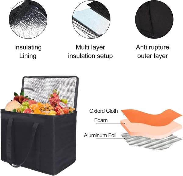 2 kjølebager - 30L - Sammenleggbar, stor, med solid glidelås - Isolert handlepose, piknikpose - for utendørs reise - 41*26*33 cm - Svart