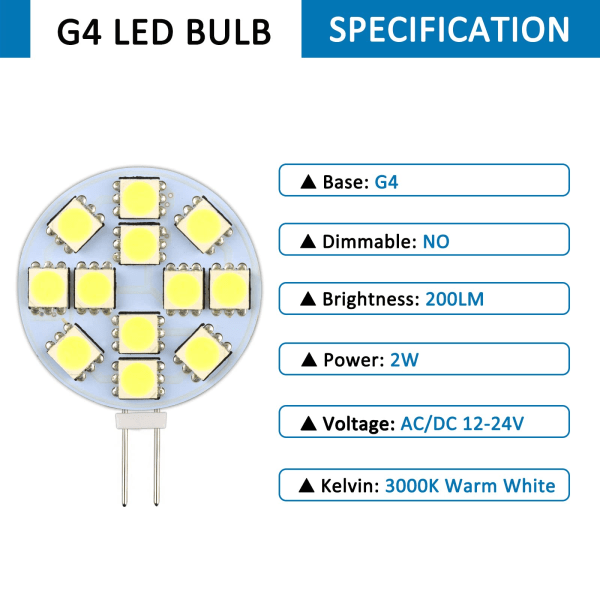 G4 LED-lampe 2W, AC/DC12-24V, 200LM Varmhvit 3000K, 12x 5050SMD, 20w Halogenlampe tilsvarende, Ikke dimbar, G4 Rund LED-lampe Pakke med 6
