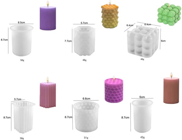 Ljusformar set med 6 - Silikon - För ljus & gips - Cylindriska & kubiska
