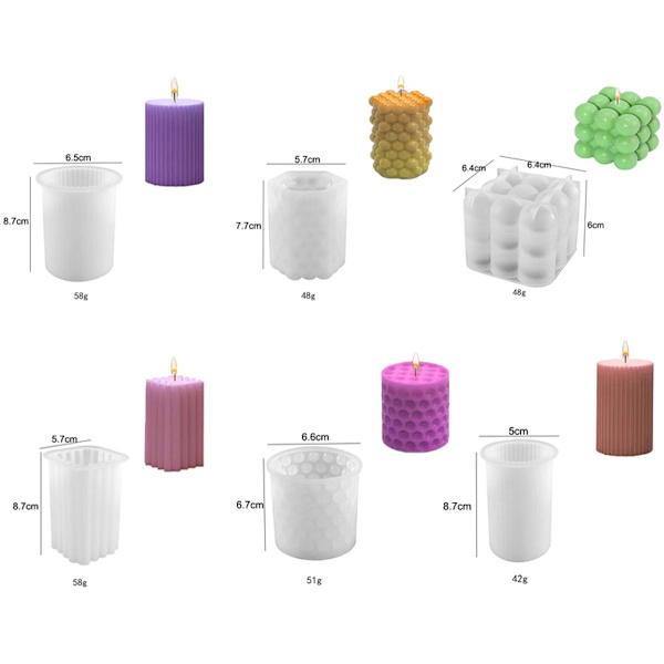 Lysforme sæt med 6 - Silikone - Til stearinlys & gips - Cylindriske & kubiske