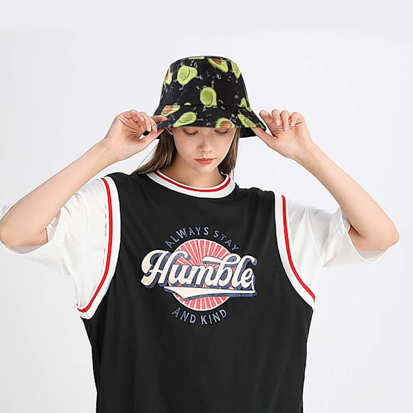 Söt bucket hat strandfiskarhattar för kvinnor, vändbar dubbelsidig användning Avocado Black