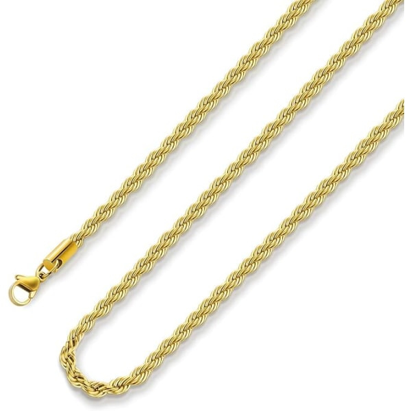 18k aito kultapinnoitettu köysilmäketju 2,5 mm ruostumaton teräs Twist Chain -kaulakoru miehille naisille 24 tuumaa