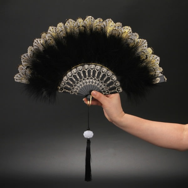 Feather Folding Fan Fairy Dark Gothic Court Dance Bröllop sort