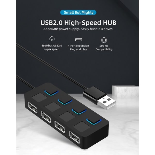 4-portars USB 2.0-datahubb med individuella LED-belysta strömbrytare [laddning stöds INTE]