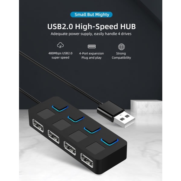 4-porter USB 2.0 datahub med individuell LED-belyst strøm [opplastingsstøtte INTERNET]