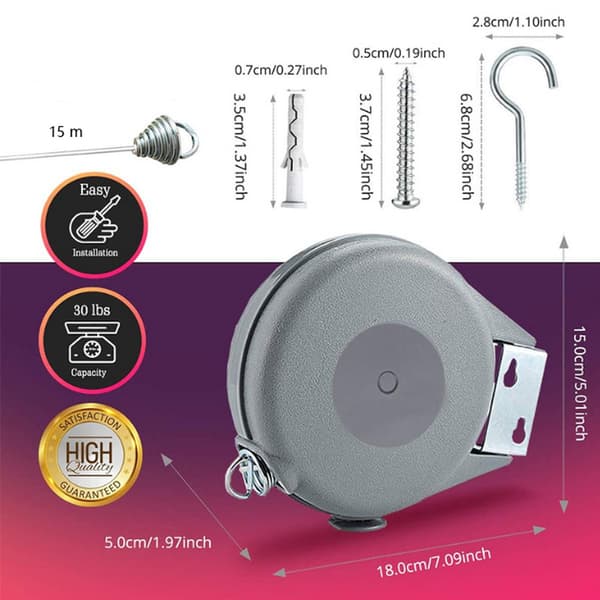 Clothesline - Clothesline Cord - Clothesline Wire - Clothesline Box - 15 m - Grey - Retractable - with Mounting Bracket