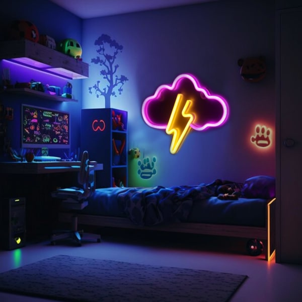 Neon-pilvi ja salama -kyltti, LED-koriste, pelikoriste, pelihuoneen sisustus, neonvalo, USB- ja paristokäyttöinen B