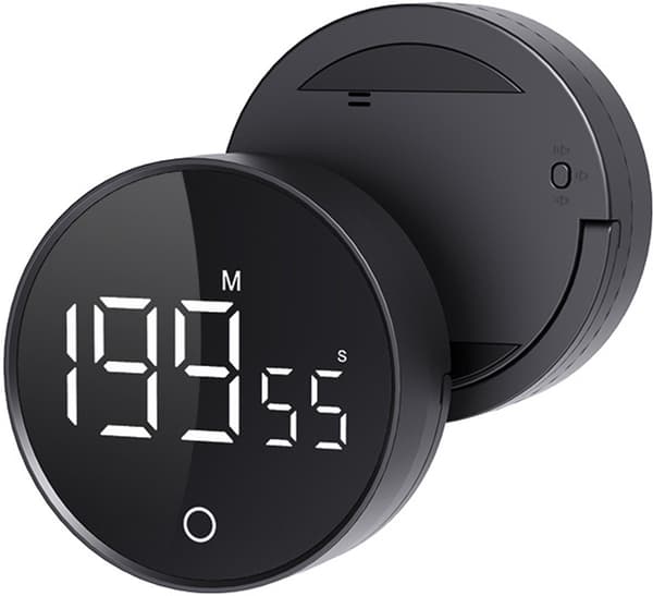 Digital køkkentimer, roterende nedtællingstimer med LED-display, justerbar stander, magnetisk montering, lydløs tilstand, til madlavning, sort
