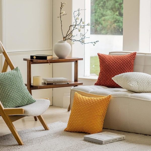 2-pack kuddfodral i sammet med ränder för soffa, 40x40 cm, 16 x 16 tum, gul