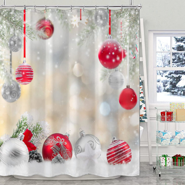 Jul Duschdraperi Set, Vita Röda Julkulor Pine Tree Badrum Duschdraperi, Tyg Julhelgstema Duschdraperi, 180 x 180 cm
