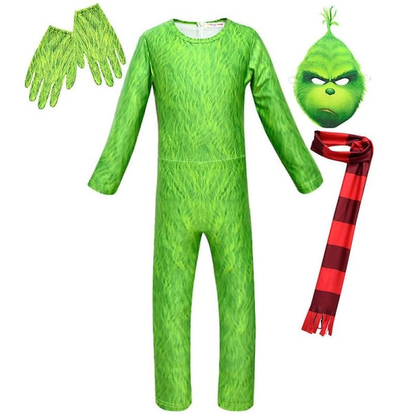 Christmas The Grinch Kids Kostym Fancy Dress Jumpsuit Handskar Scarf Mask Outfit 12-13 år