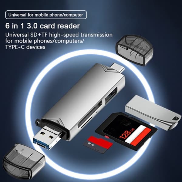 CDQ 6 i 1 USB 3.0-kortleser SD TF-kort USB-minne Grå