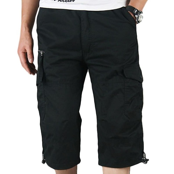 Män Plain 3/4 Längd Cargo Pants Combat Multi Pockets Black 2XL zdq