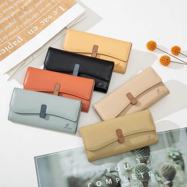 Plånbok for kvinnor Lång korthållare i koreansk stil Pu Tri-Fold handväska Stor kapasitet Enkel Svart