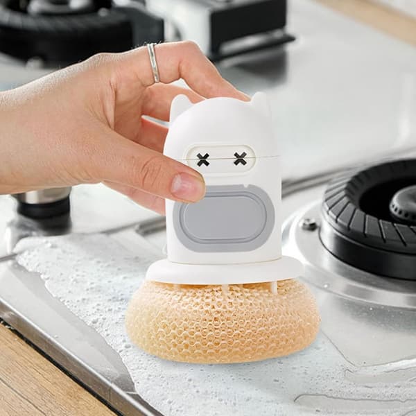 Diskborste med tvåldispenser, kattformad skursvamp för diskbänken, repfri diskborste för kastruller och pannor, vit